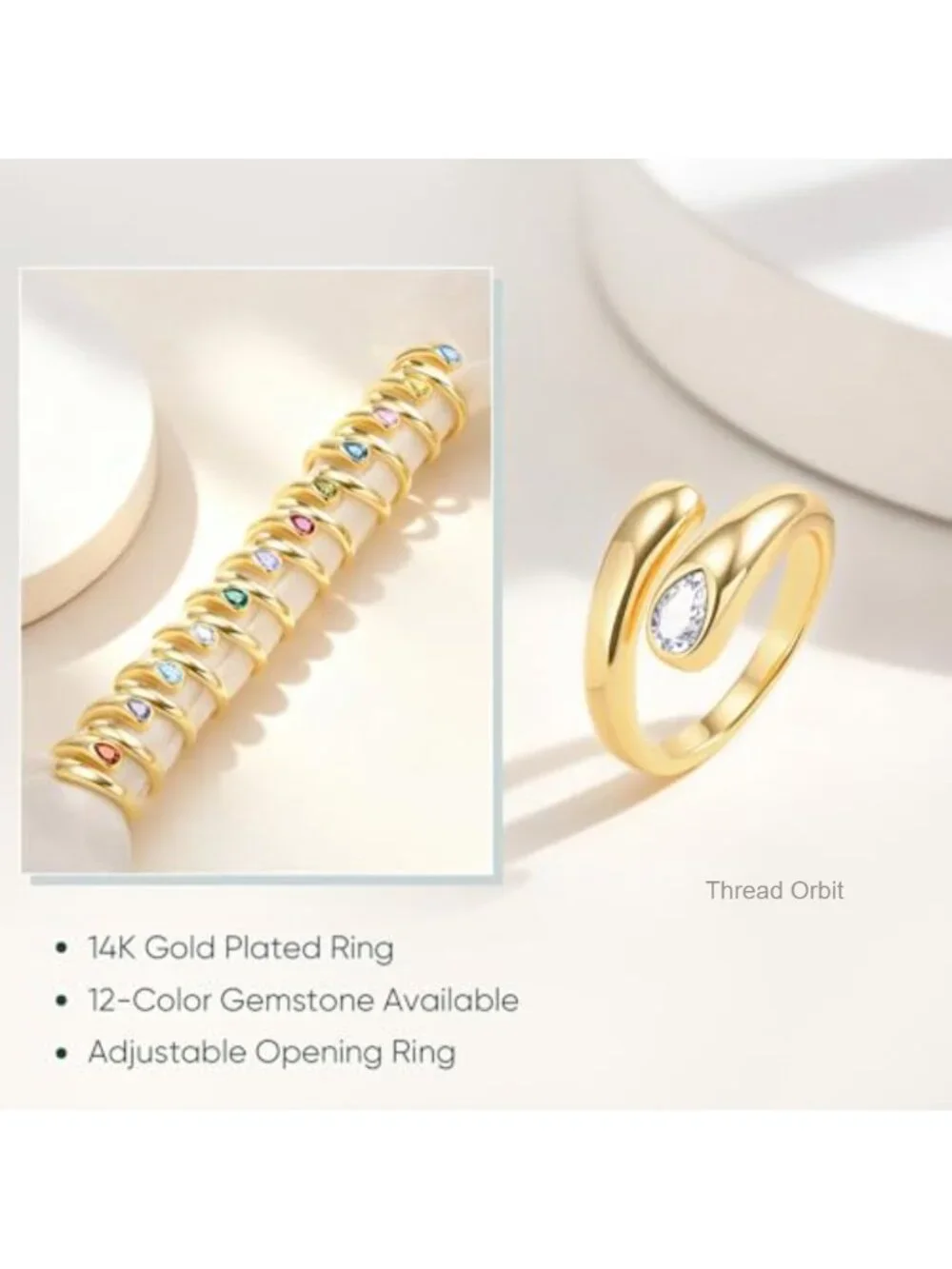 Gold Plated Adjustable Chunky Ring with Cubic Zirconia Teardrop